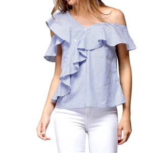 Do+Be Blue White Striped Cotton Ruffle Sleeve Blouse Size Small